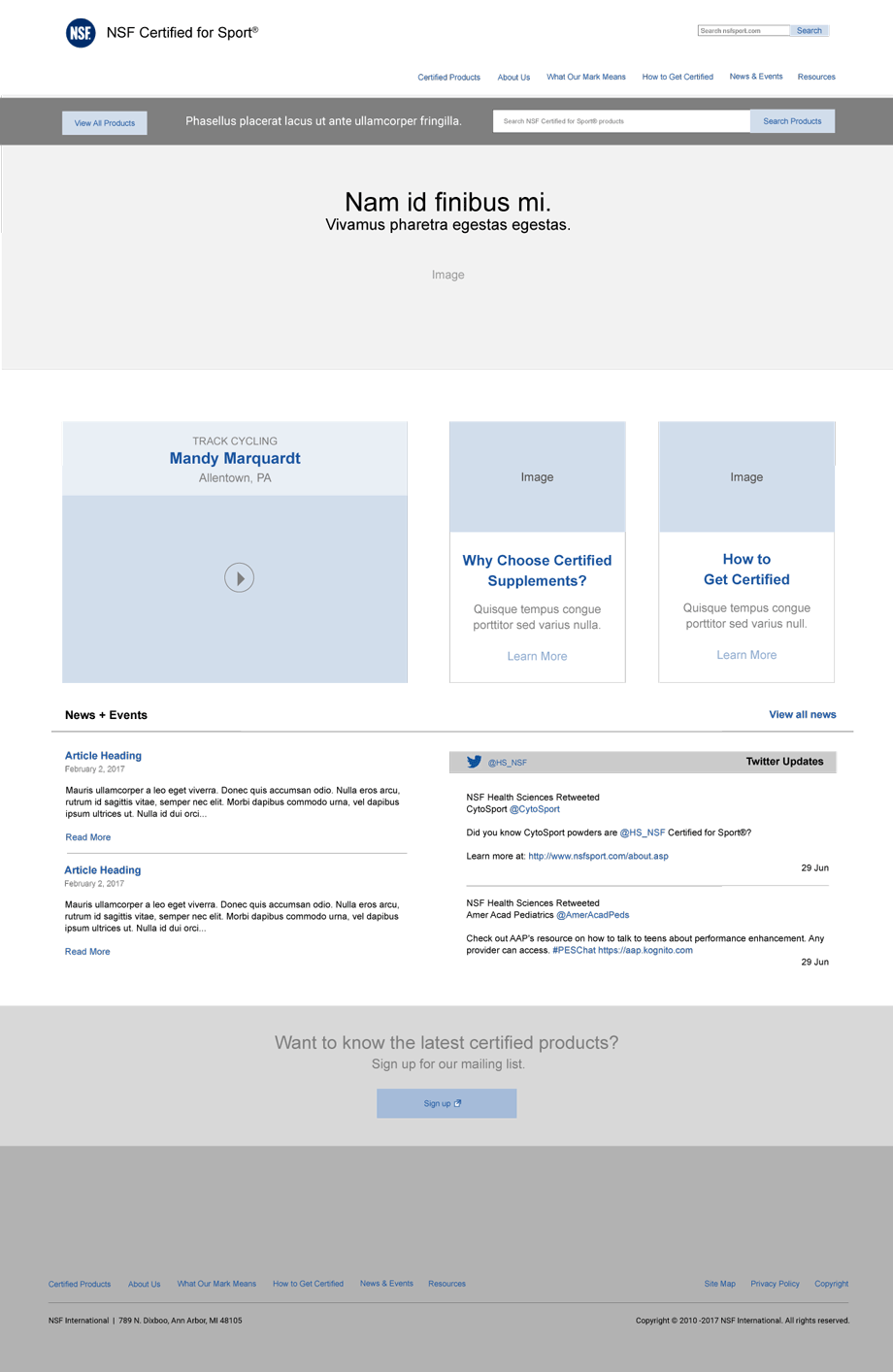 NSF Certified for Sport desktop homepage desktop wiframe, version 1
