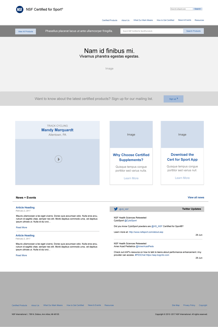 NSF Certified for Sport desktop homepage desktop wiframe, version 2