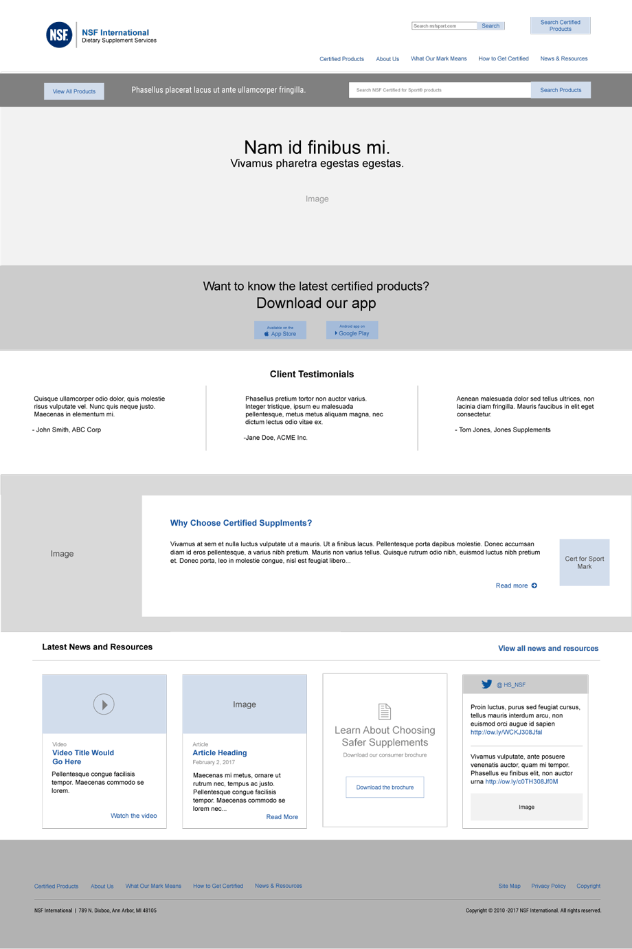 NSF Certified for Sport desktop homepage desktop wiframe, version 3