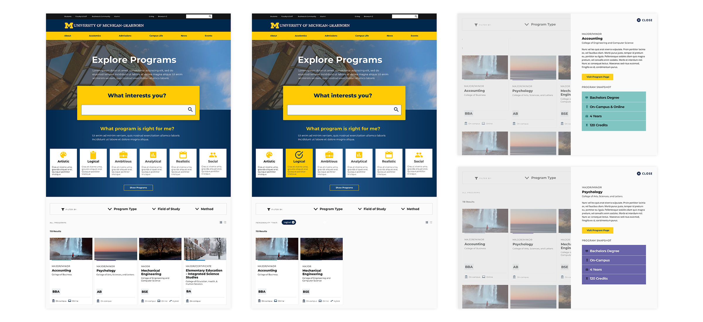 High fidelity examples for UM-Dearborn filterable program pages