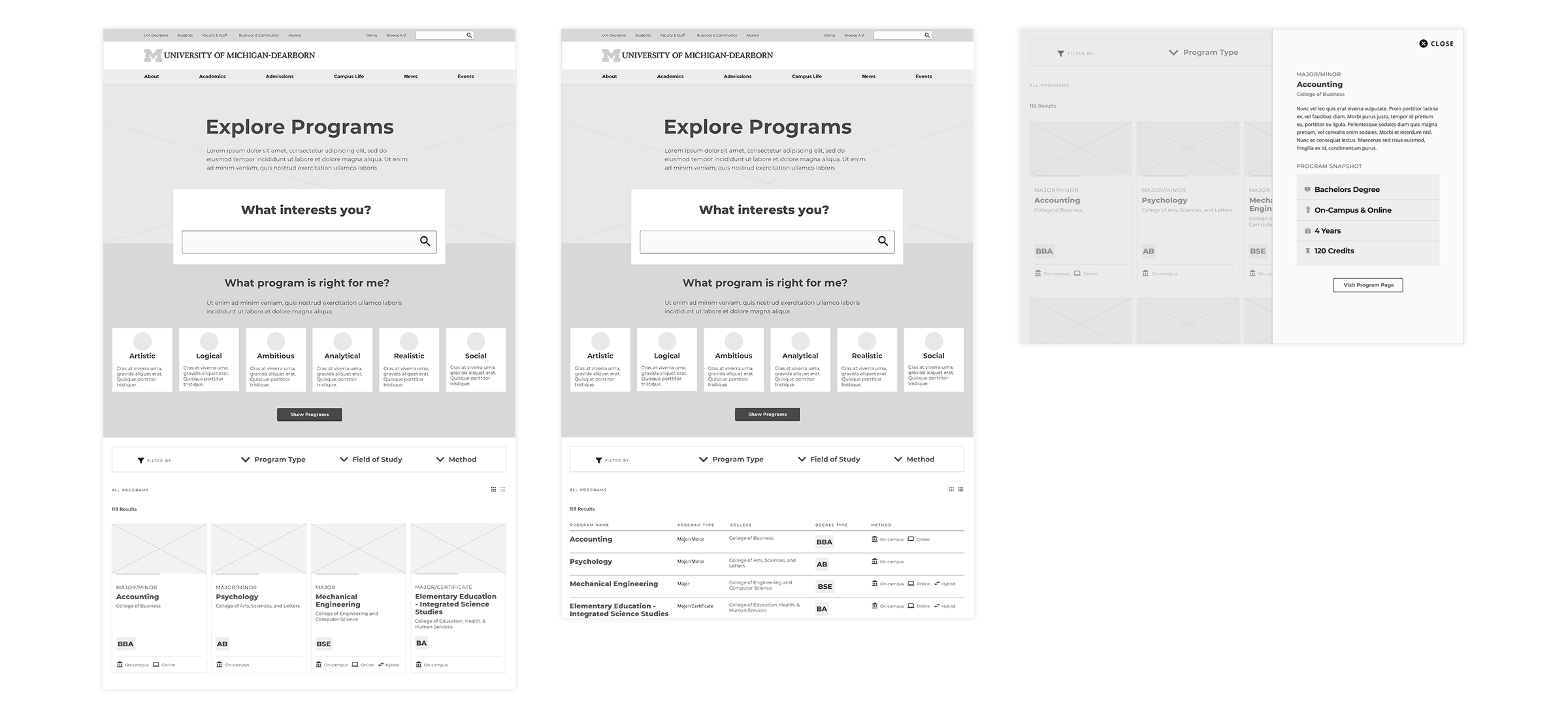 Wireframe examples for UM-Dearborn filterable program pages