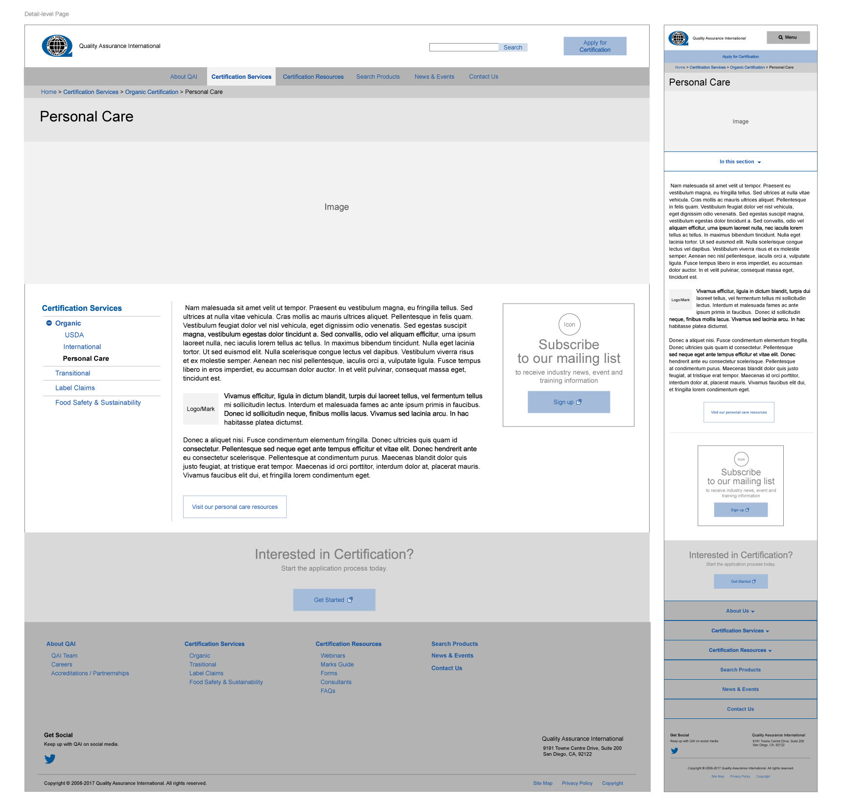 QAI website service page wireframe for desktop and mobile