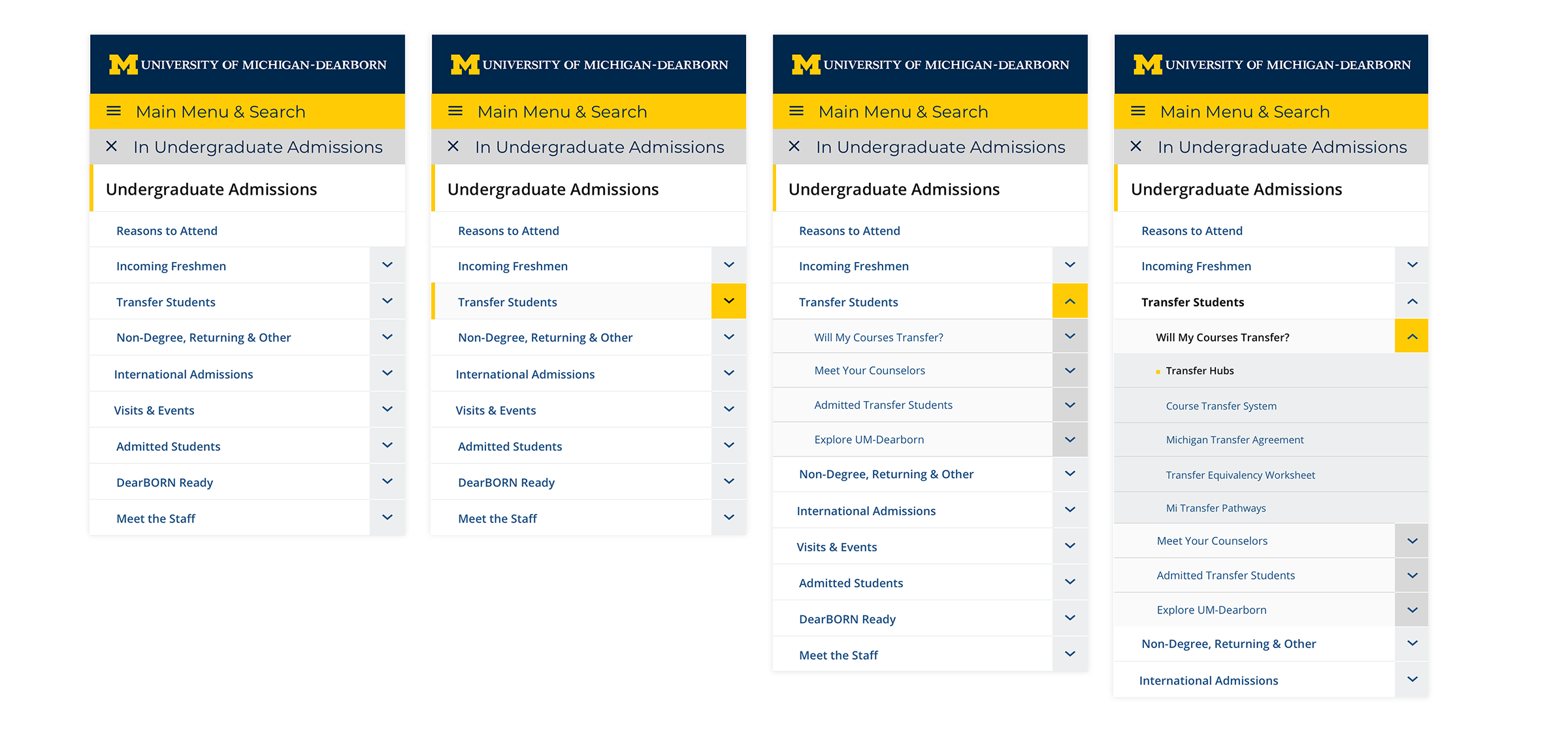 High fidelity mobile examples for UM-Dearborn microsite navigation