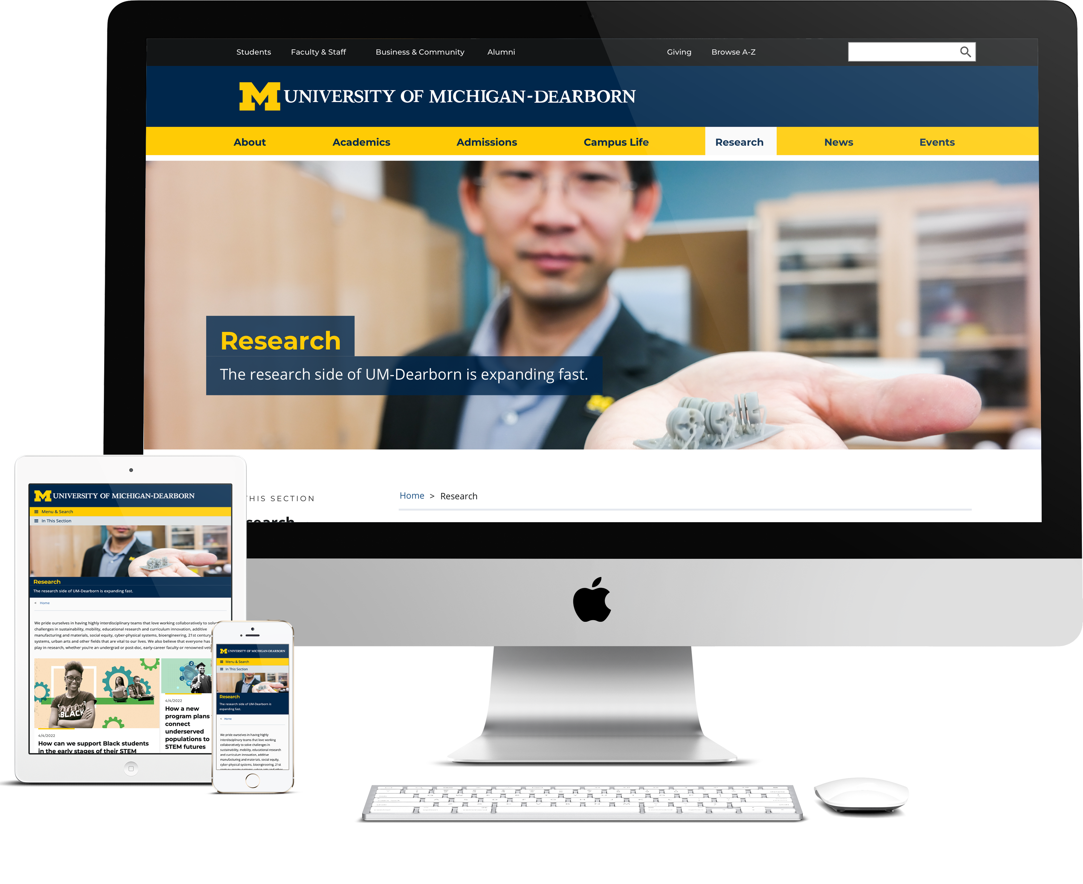 Desktop screenshot of UM-Dearborn Research landing page